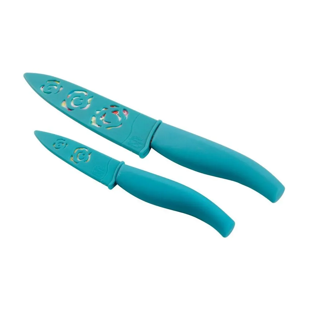 Pioneer Woman Breezy Blossom Chef & Paring Knife 2 Pc Set Sheath Floral Teal New